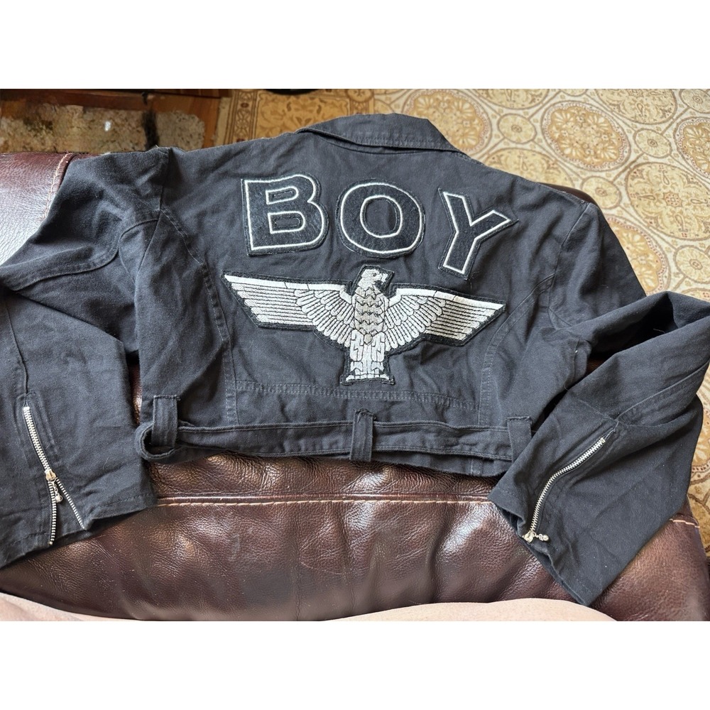 VINTAGE 90's Eagle BOY London Denim Jacket Small Black Motorcycle Cropped Women
